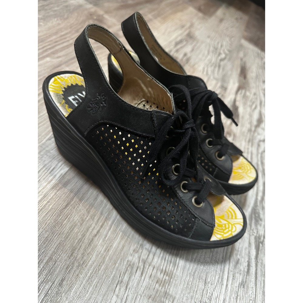 Fly London Yala Black Leather Perforated Lace Up Wedge Sandals Peep Toe EU39/US8